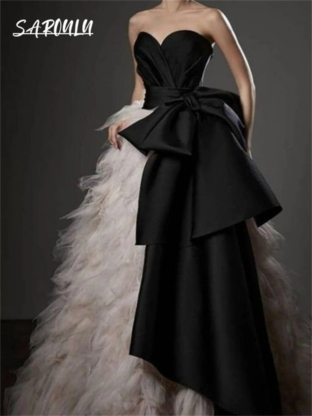 

Feathered Black Pageant Prom Dresses Formal Occasion Gown Party Robe De Soriee Strapless Elegant Women Long Evening Dress