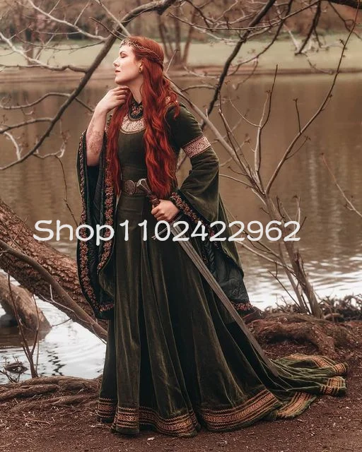 Customized Deep Green Velvet Medieval Fantasy Evening Dresse Fairy Long Sleeve Lace Beaded Cosplay Elven Costume Prom Party Gown