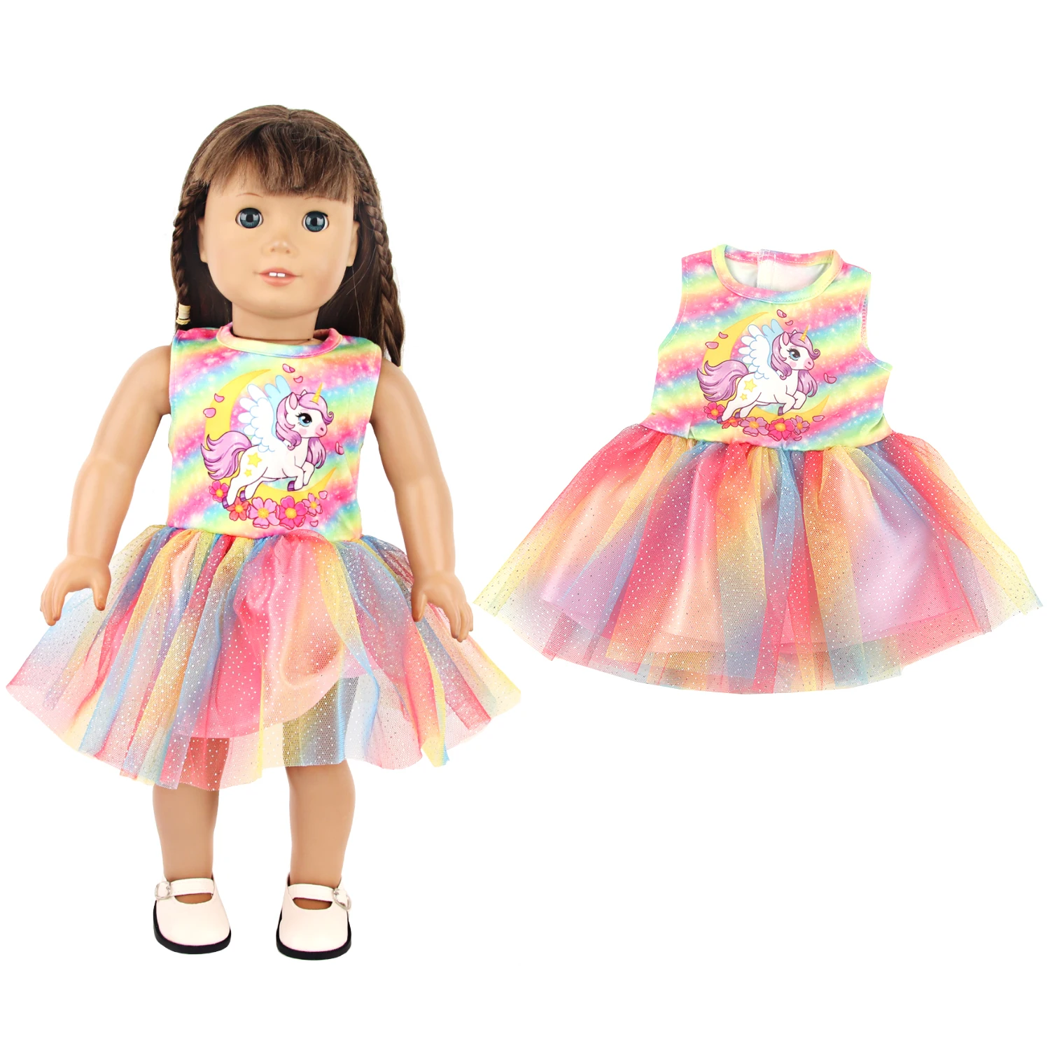 فستان فراشة أرجواني + معطف + تنورة ملونة + 2 حذاء، طقم ملابس لدمى أمريكية 18 بوصة ودمى أطفال حديثي الولادة 43 سم، دمى فتيات