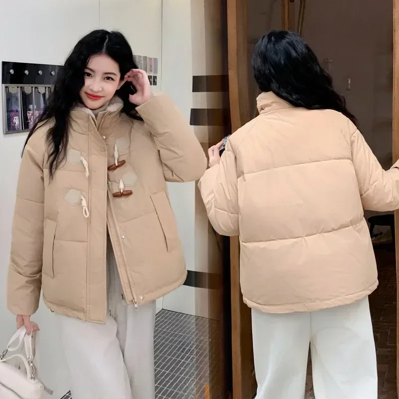 Winter New Fashion Horn Button Casual Loose Solid Color Stand Collar Thick Warm Zipper Cotton-padded Clothes, Women Down Jacket