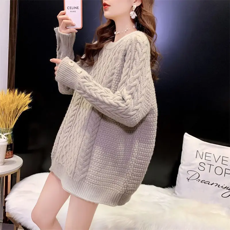 

Pure Wool Crew Neck Knitwear Long Sleeve Button Loose Women's Base Shirt Autumn Winter New Style Fashionable Versatile Top M78