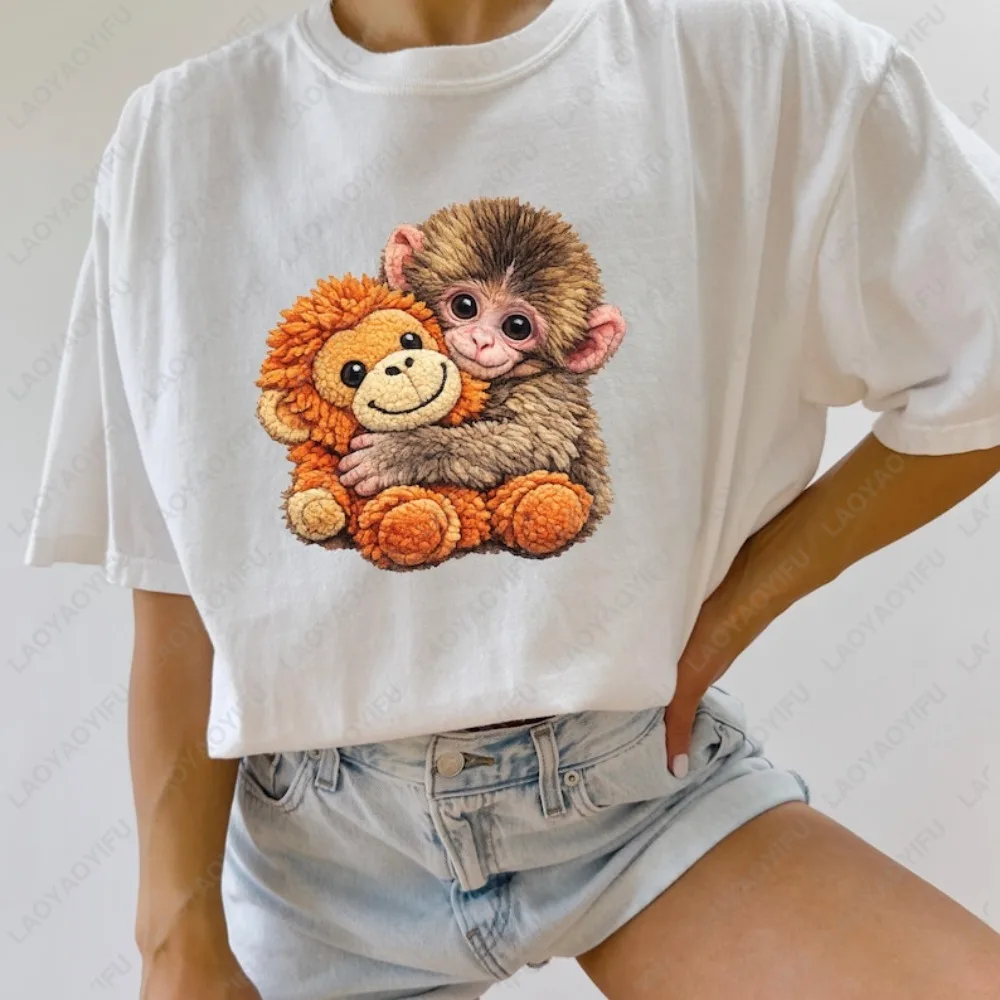 

Funny Punch Monkey Hugging Plush Print Soft Cotton Casual Streetwear Comfortable Lightweight Breathable Fabric Girls' Day Gifts
