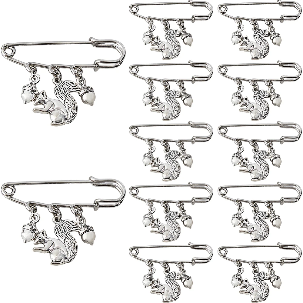 12PCS Squirrel Brooch Pins Cute Animals Brooches Metal Lapel Pin Sweater Shawl Clips Silver Safety Pins with Squirrel and Pine