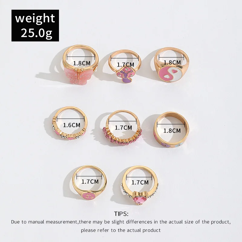 New Colorful Enamel Butterfly Kunckle Rings Set For Women Geometric Crystal Heart Mushroom Finger Ring Girls Bohemian Jewelry