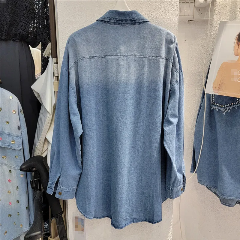 Retro Chic Light Luxury High-end Denim Shirts Women's 2025 Early Spring New Pocket Decoration Shirt Female Versatile Inner Tops
