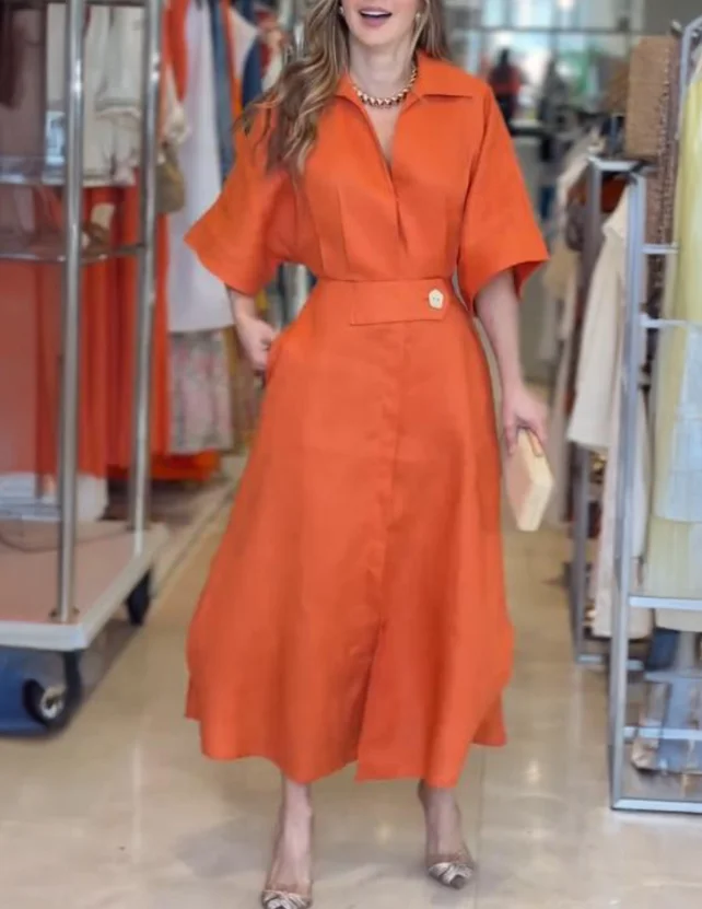 レディースドレス 2025 春の新ソリッドカラーターンダウン襟半袖マキシドレスカジュアルウエストスリットポケットシャツドレス