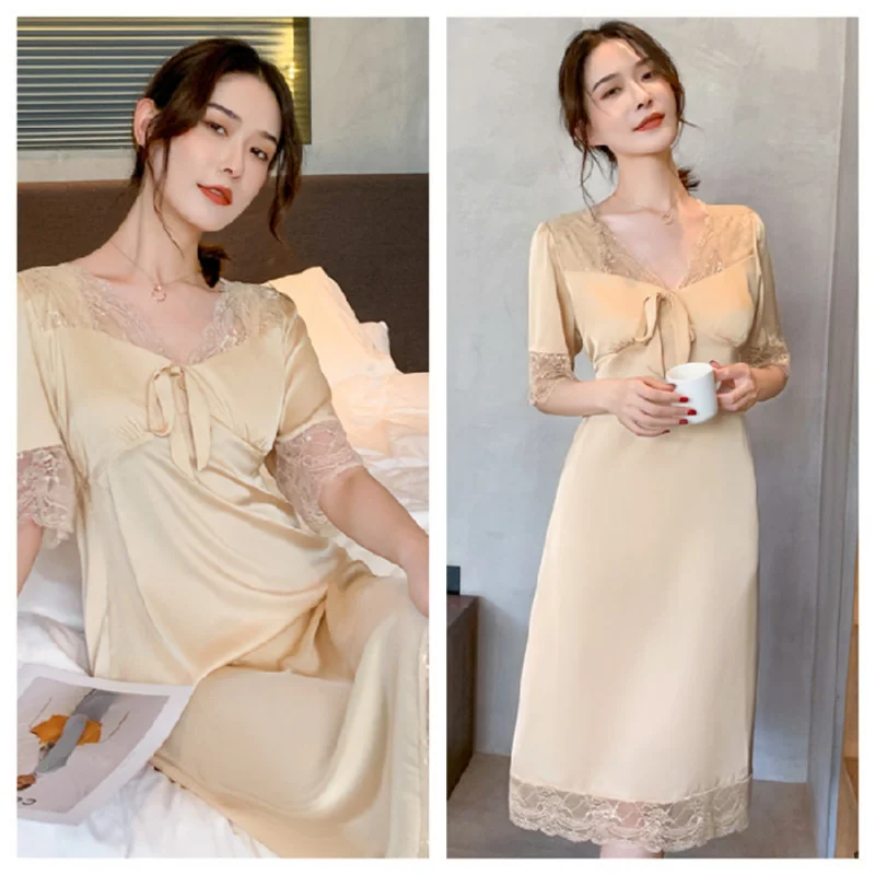 Sexy Elegant Lace Women\'s Nightskirt with Bra French Romantic Solid Home Sleepskirt 2024 New Summer Y2k Chic Casual Nightgowns