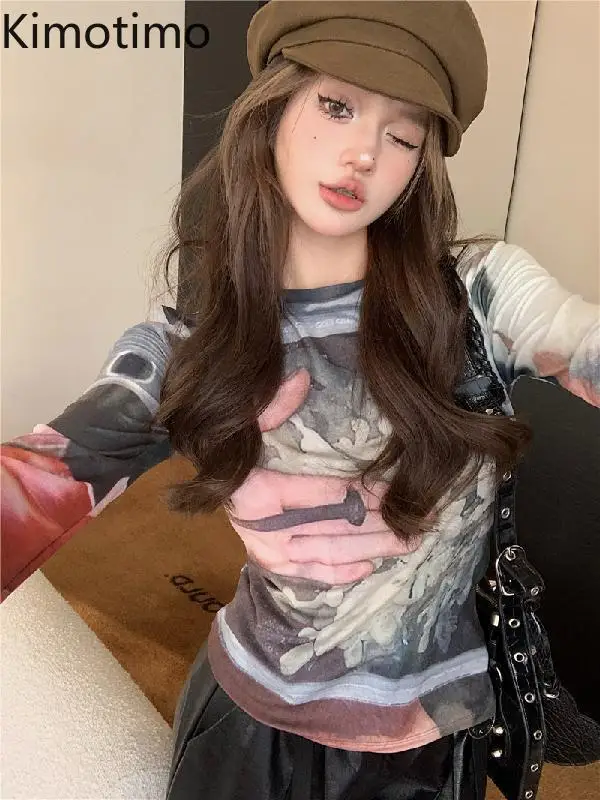 

Kimotimo Vintage Oil Painting Print Long Sleeved T-shirt Women Autumn Slim Fit Waist Base Crop Top Harajuku Y2k Chic Streetwear