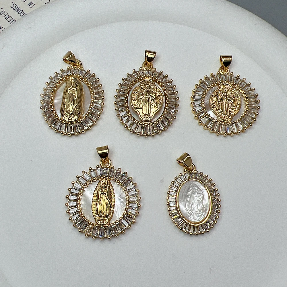 Metal Medal Zircon Sea Shell Saint Benedict Virgin Guadalupe Pendants Charms For Jewelry Making Women Classic Religious Necklace