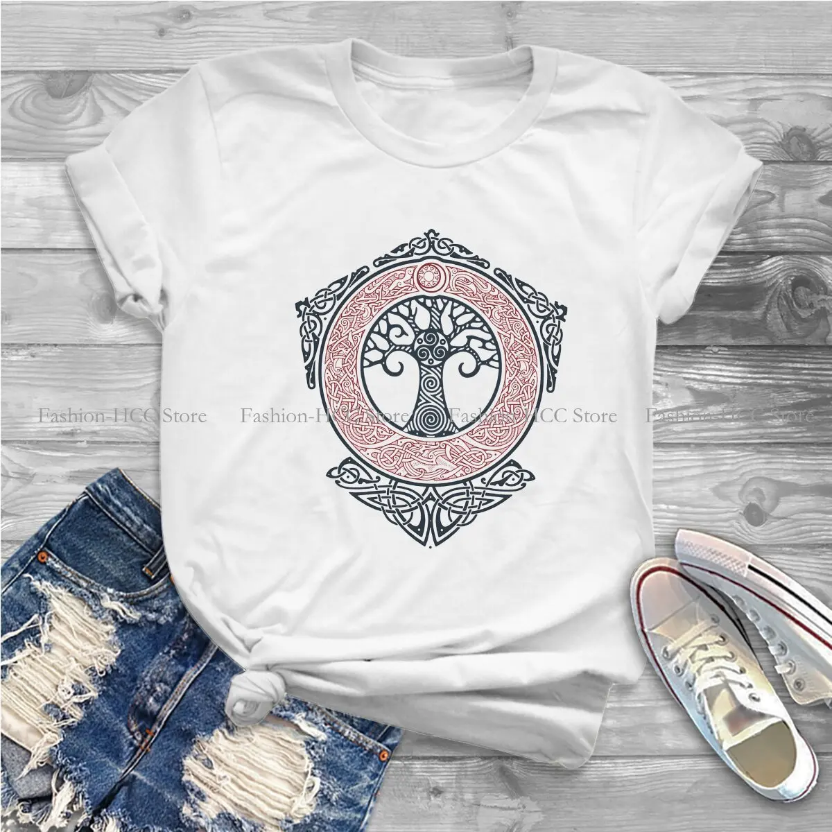 Red And Black Pattern O Neck TShirt Yggdrasil Pattern Classic Polyester T Shirt Woman's Tops New Design