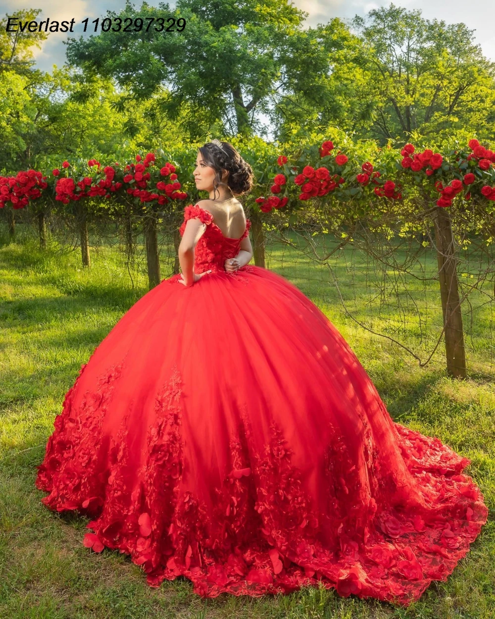 فستان EVLAST-Quinceanera ، ثوب الكرة ، زين لامع ، مشد كريستال مطرز ، زهور حمراء ، حلوة 16 ، 15 سنة ، QD1168