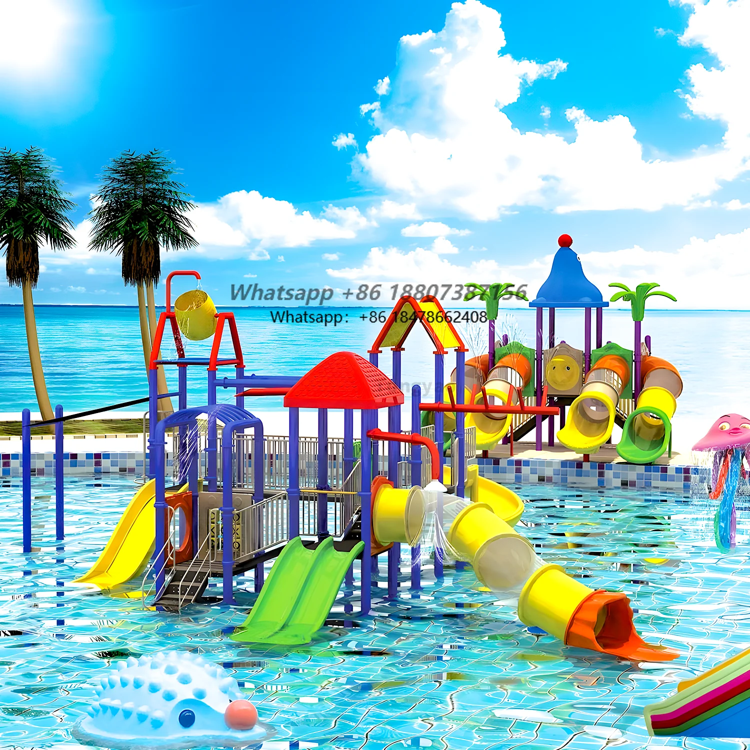 Water Park Attraction with Fiberglass Slides and Water Play Equipment