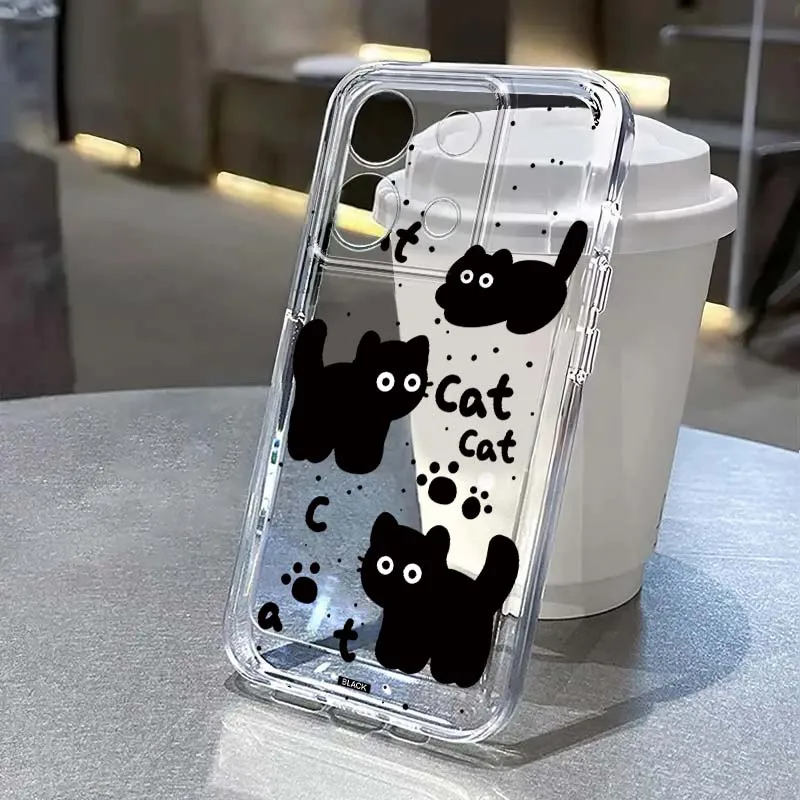

Cartoon Black Cat Art For Xiaomi Redmi Note 15 14 13 12 11E 9 9T 8 8T Pro Plus Turbo 5G Fashion TPU Transparent Phone Case