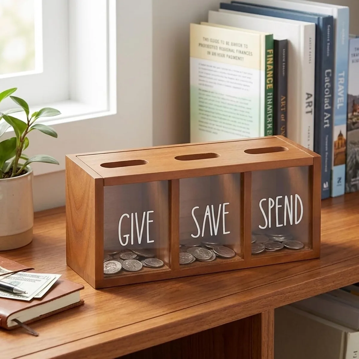 Money Saving Box Wooden Piggy Bank Acrylic Transparent Coin Holder Budget Challenge Organizer