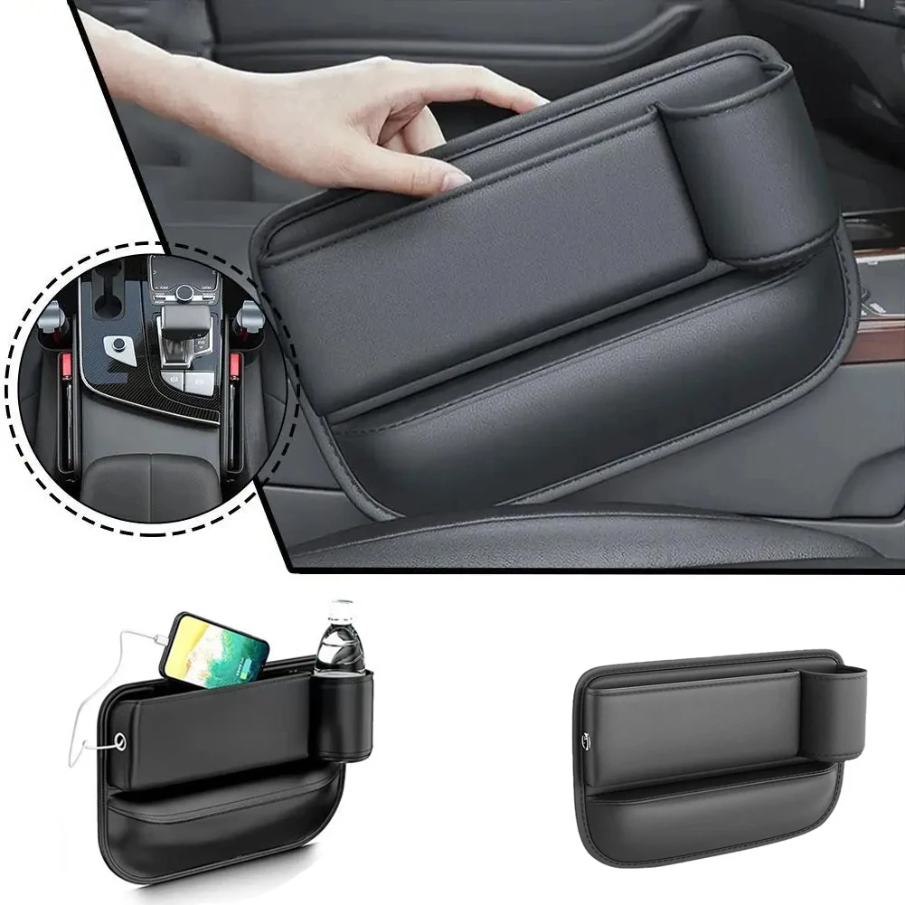 PU Leather Car Seat Gap Organizer Universal Console Crevice Filler Side Storage Box with Cup Holder Car Interior Storage Pocket