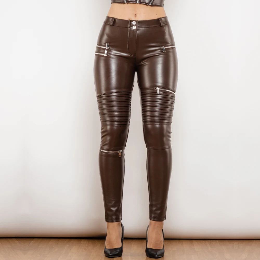 Shascullfites Melody Brown Faux Pu Leather Pants Motor Gothic Leather Trousers Push Up Leather Leggings