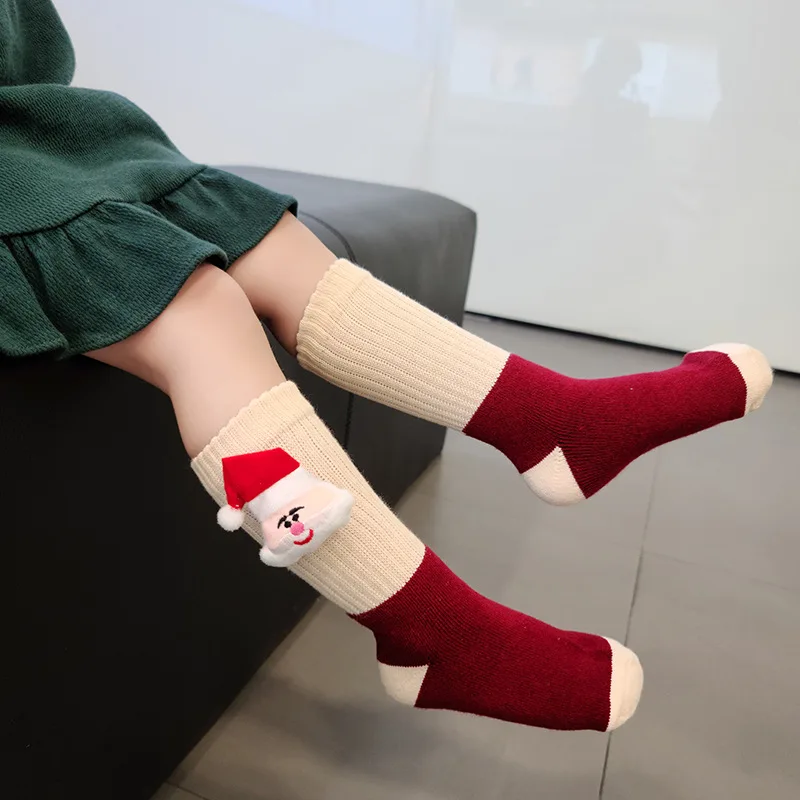 Cute Girls Boys Christmas Socks with Santa Claus Doll Winter Thick Warm Cotton Socks Children Xmas Kids Gift 5-8T