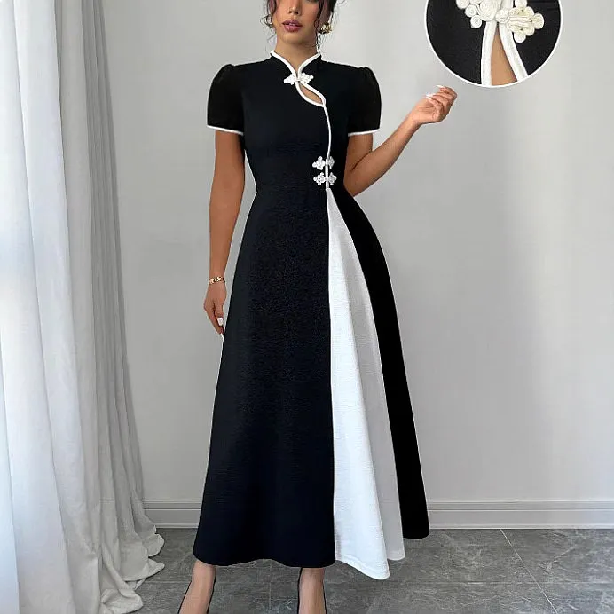 Elegant Bubble Color Block Dress Dresses Button Sleeve Spring Summer Women Matching Set Jumpsuit Playsuit
