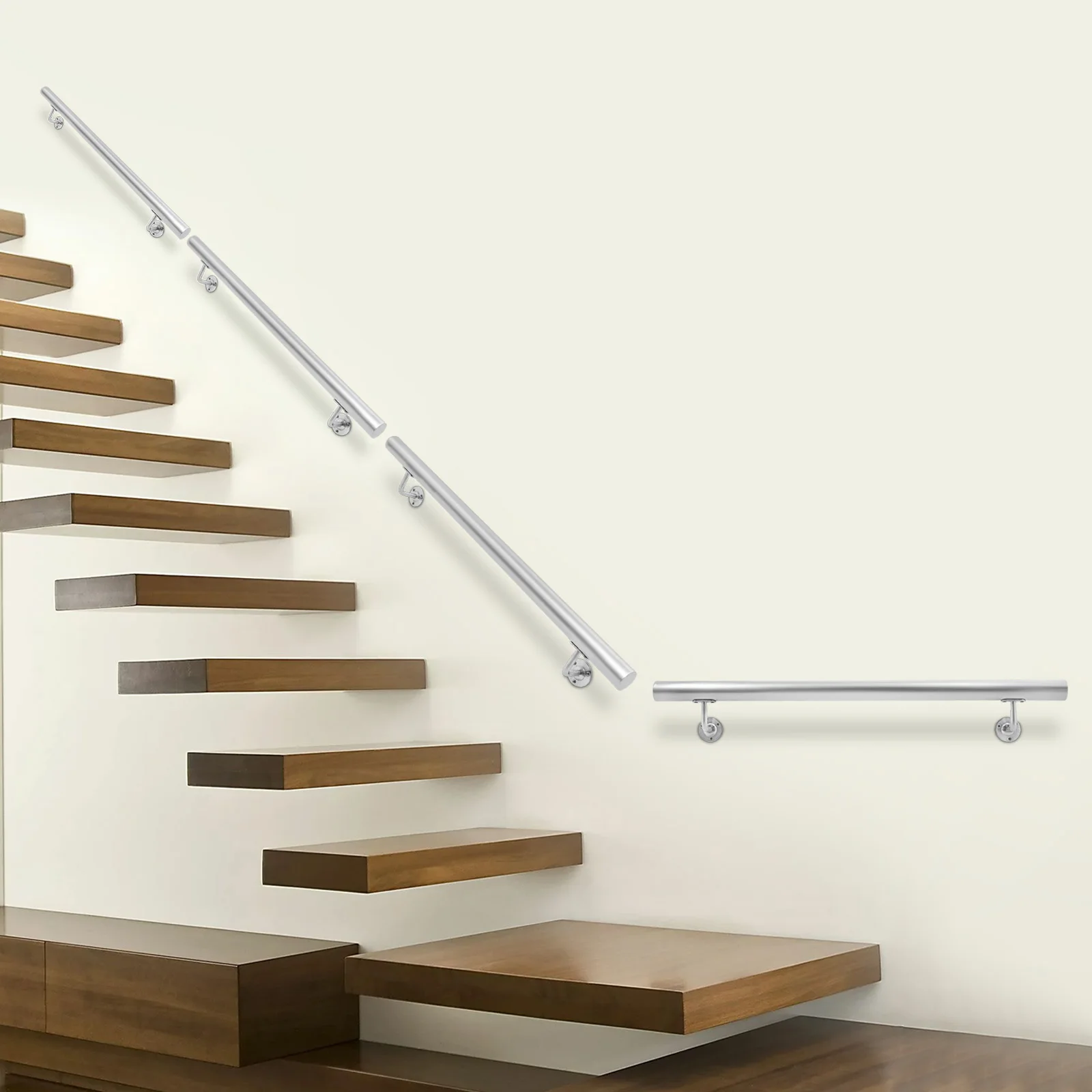 

Silver Stainless Steel 12FT Cylindrical Stair Handrail Load 200 Pounds Wall Railing Anti-skid Guardrail