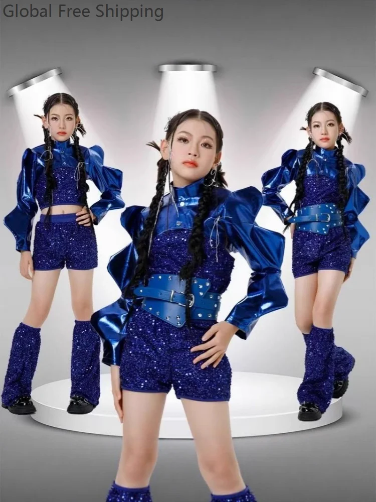 

Girl's Blue Sparkly Jazz Dance Performance Costume Cosplay Street Dance Fashion Irregular Jacket And Suspender Shorts Set 2026