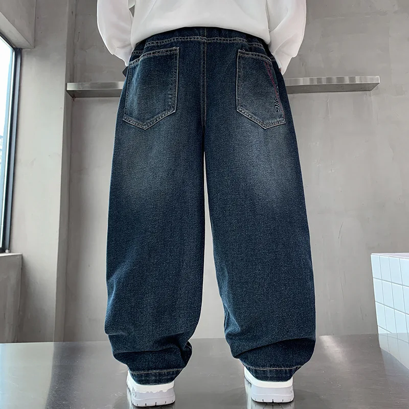 النمط الكلاسيكي الأطفال بلون الجينز للمراهقين الأولاد خمر الجينز الأزرق الداكن السراويل الاطفال المراهقين الرجعية الفاخرة الدنيم السراويل #5