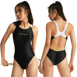 AMORESY Women's Shiny Glossy One Piece Swimwear Slimming Stretch Beach Sports Sleeveless Tights Backless Sunscreen Bathing Suits