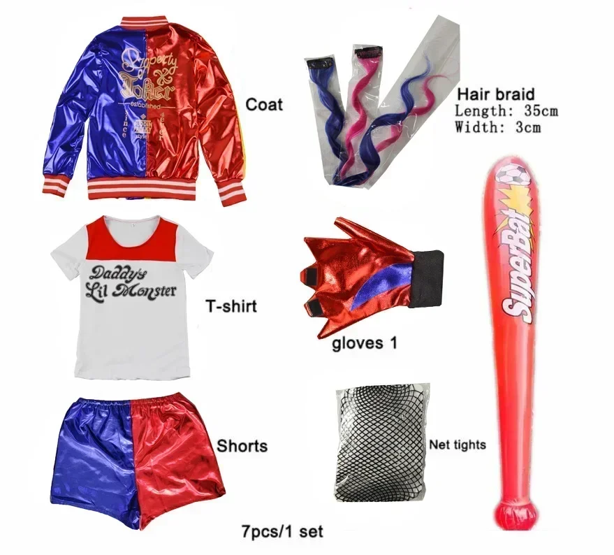 أزياء هارلي كوين التنكرية للأطفال ، تي شيرت فرقة الانتحار ، جاكيت جوكر ، زي الهالوين للفتيات