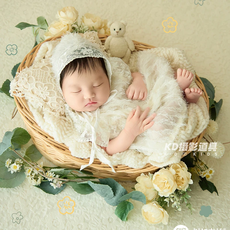 Newborn Milestone Photography Outfits Fluffy Lace Bonnet Romper Dress Set, Infant Girl Photo Shooting Costumes and Backdrop Decs