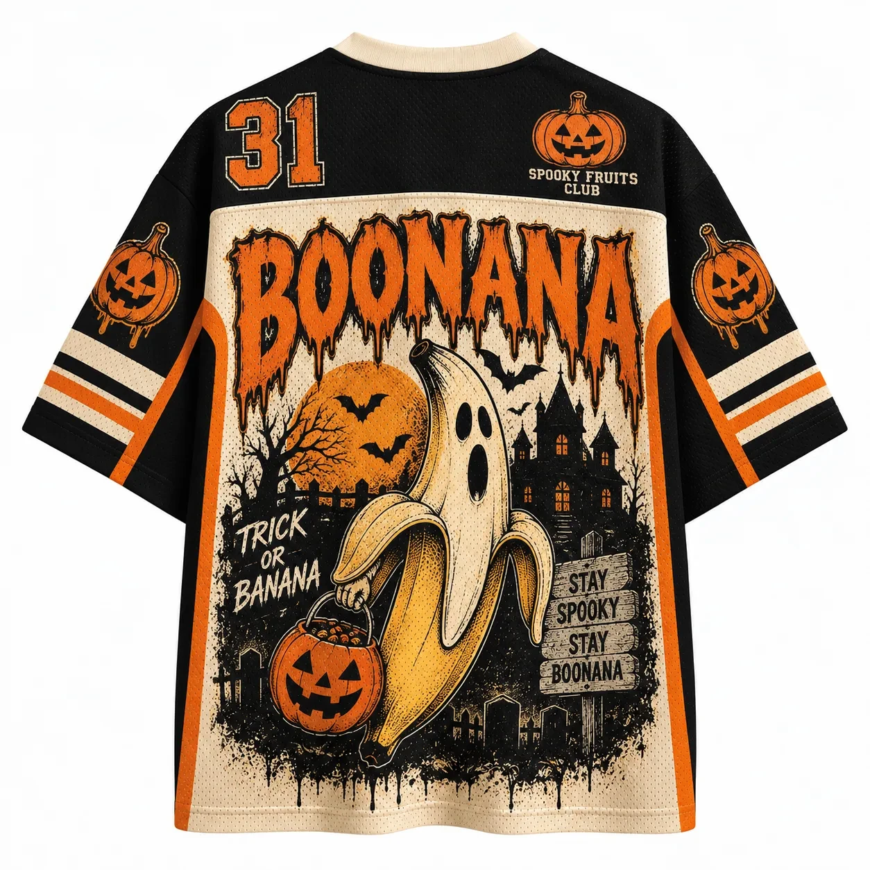Vintage Halloween Jersey, Jack-o'-lantern Spooky Banana Ghost Haunted House 3D Print V-Neck Unisex Streetwear for Trick or Treat
