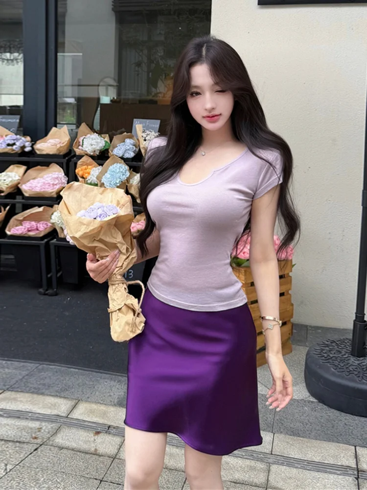 Summer New Vintage Sexy Purple V-neck Slimming Short Sleeve T-shirt Top with Vinegar Acetate Half Skirt Fashionable Set for W...