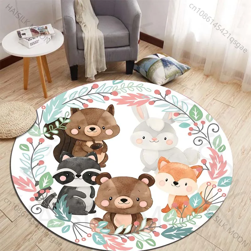 Cute forest animals with floral frame Printed round carpet living room sofa table carpet large pet mat soft round carpet