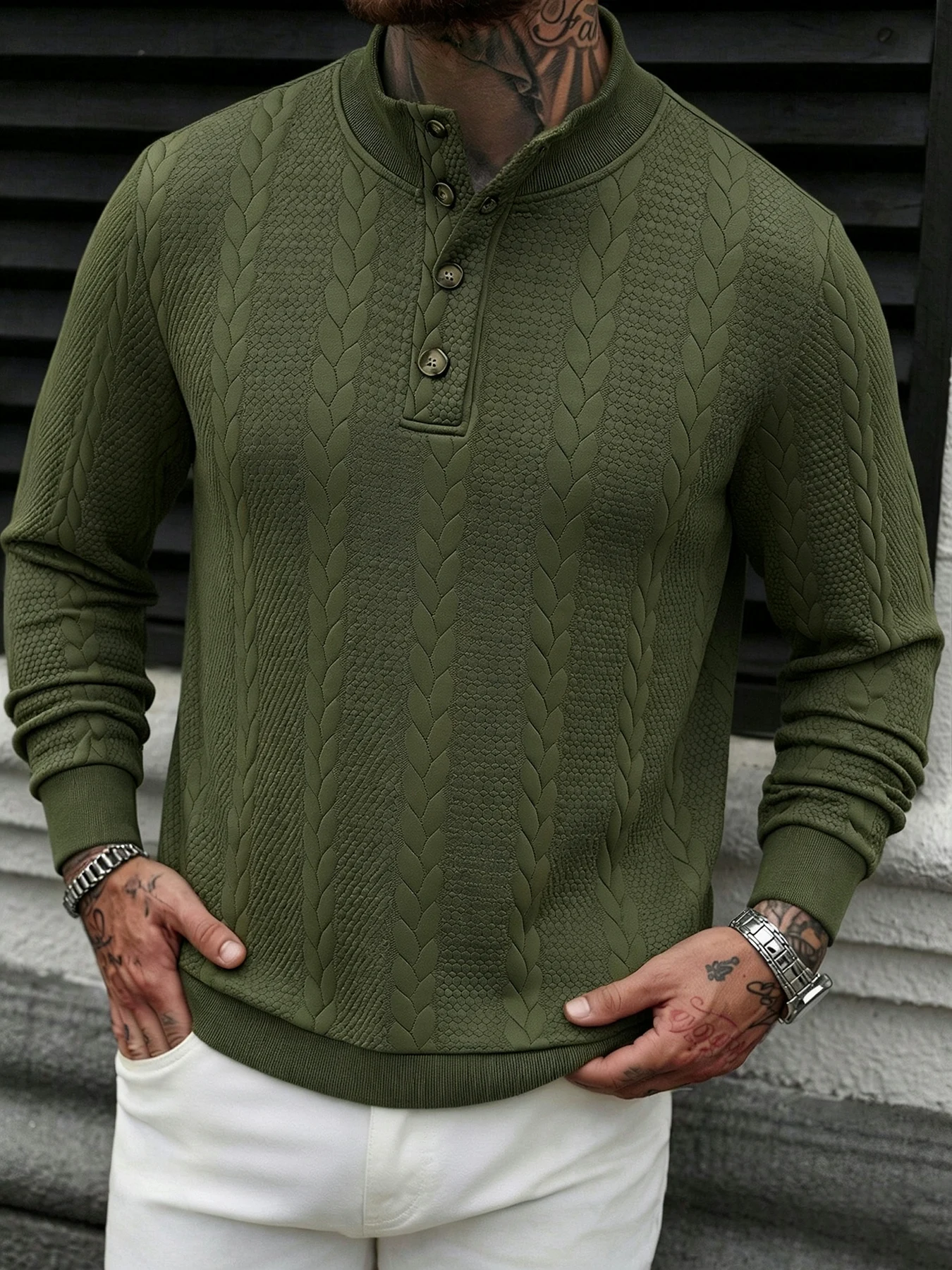 Men's Spring and Autumn 3D Wheat Ear Jacquard Henley Collar Sweatshirt, Army Green Retro Wooden Button Half-Open Collar Long Sleeve, Breathable Loose Casual Inner and Outer Wear Top