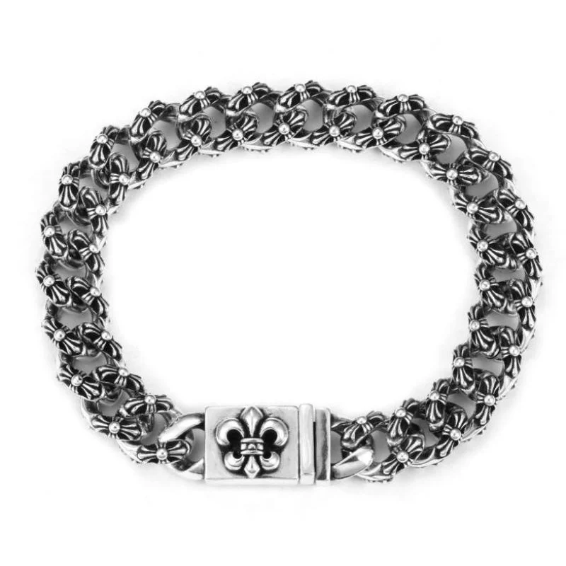 

Fleur-de-lis Detailed Retro Silver Chain Bracelet: Heavy-Duty Gothic Statement Jewelry