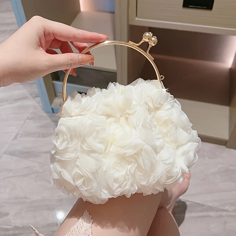 Women' Elegant White Floral Clutch Handbag with Detachable Chain - Suitable for Brides, Proms, Parties, Wedding Accessory