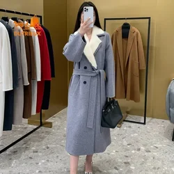 2024 New Mink Fur Collar Women's Cashmere Coat, Double-sided 100% Cashmere Wool Long Coat Jacket Winter Warm Coat Real Fur Women