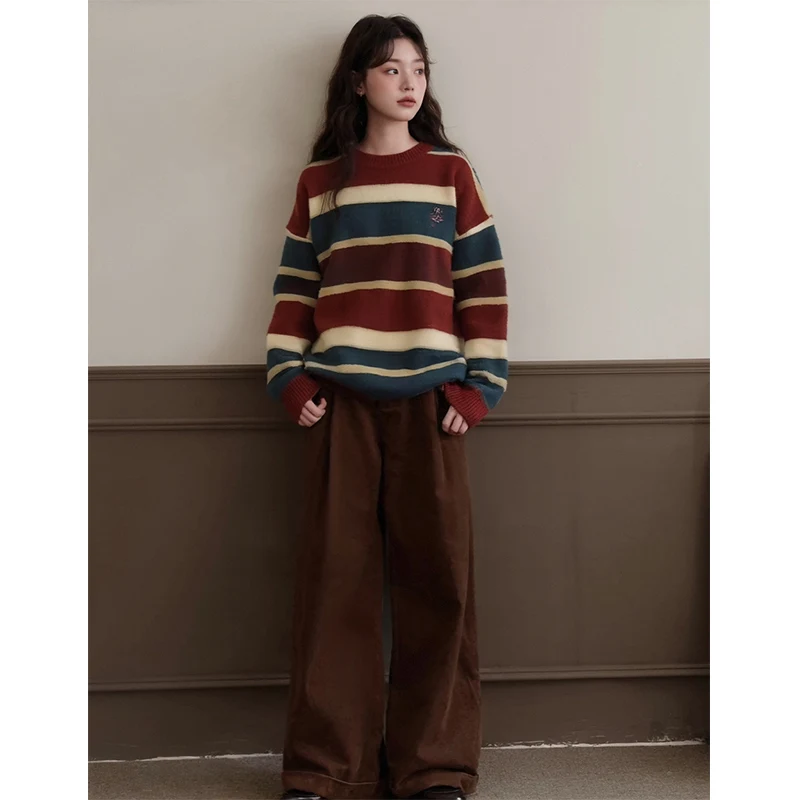Retro Striped Color Blo Knitted Sweater And Wide Leg Pants Women's Faion Set Autumn 2025 Guest Camel Brand Two Piece Set