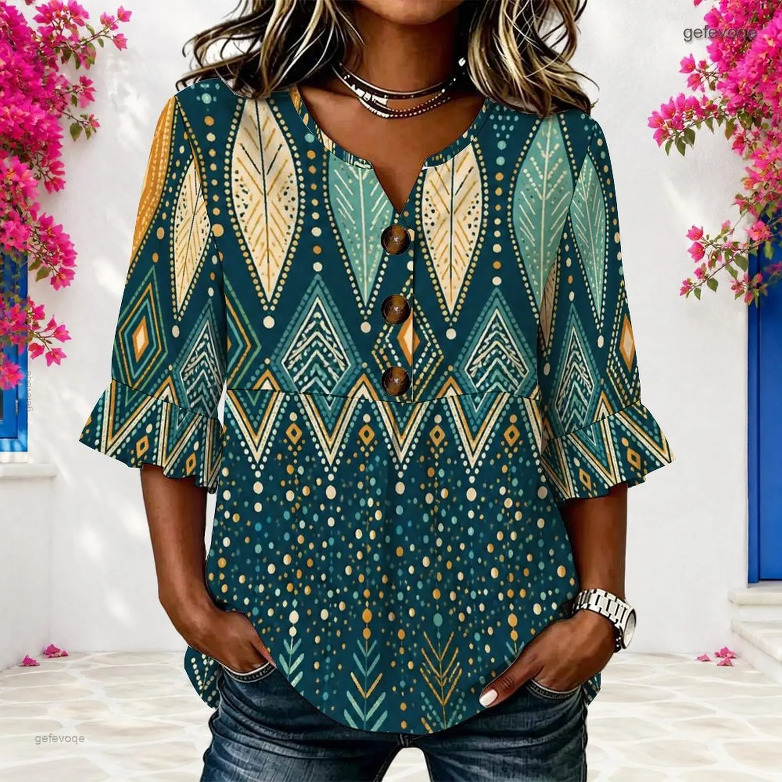 Women White Base Floral Printed Notch Neck 3/4 Ruffle Sleeve Button Front Blouse