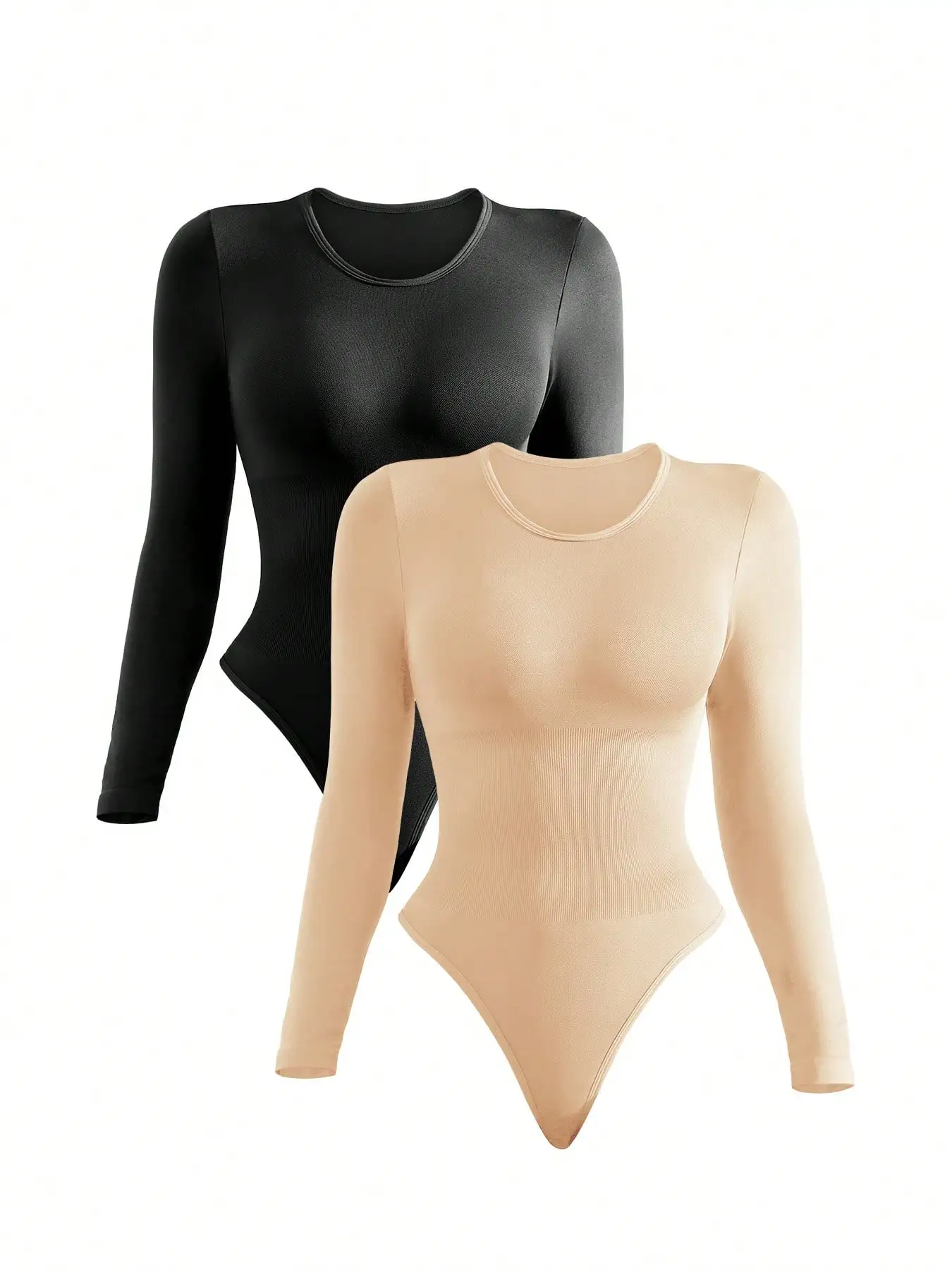 BWQ 2 stuks dames afslankende bodysuits shapewear, controle buiklift butt shaper, naadloze bodysuit met lange mouwen en ronde hals