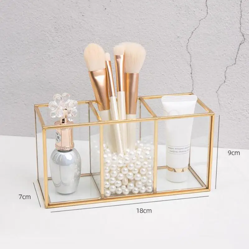 3/4 Grids Gold Glass Makeup Brush Storage Box Pen Pencil Pot Holder Cosmetic Container Desk Organizer Stand Home Decor Box