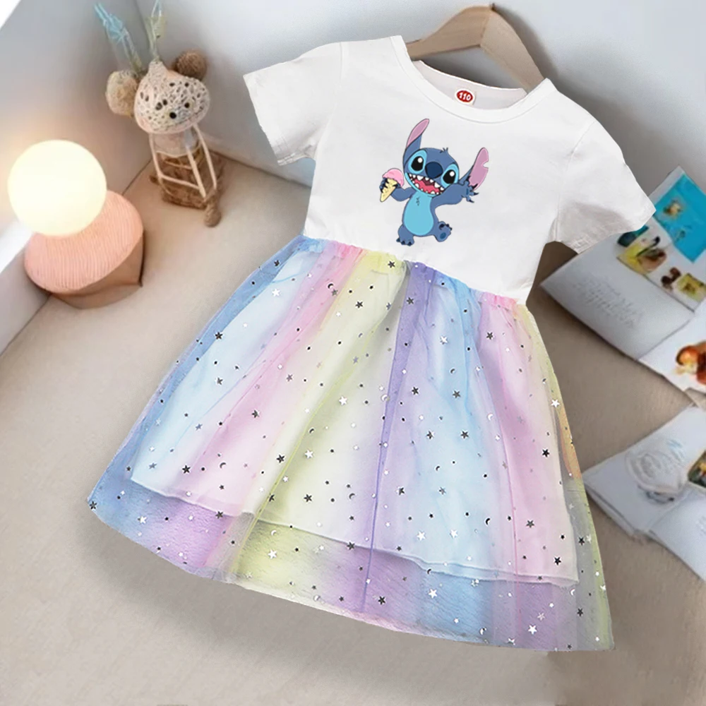 

2025 New Summer Girls Dress Kids Clothes Children Princess Baby Girl Short Sleeve Party Dresses Rainbow Stitch Fashion Stich