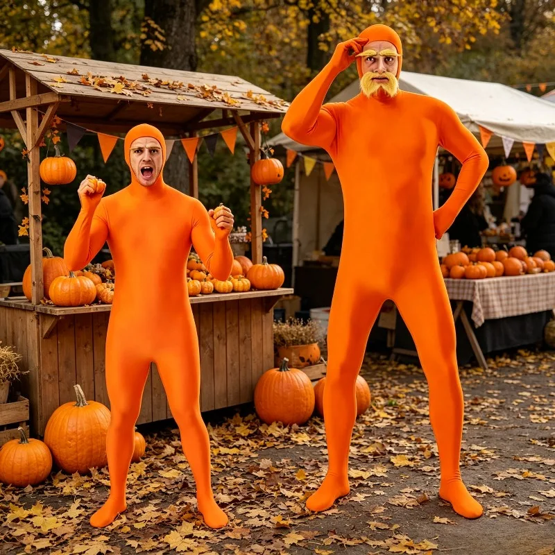 Full Body Invisible Suit Orange Solid Color Halloween Costume Casual Yellow Beard and Eyebrow Jumpsuit Costume