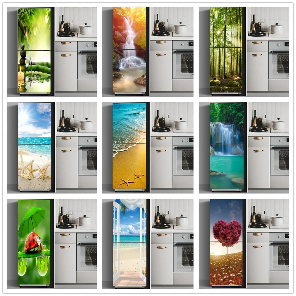 Fridge Stickers Refrigerator Cover Door Landscape Plant Sea Vinyl Self Adhesive Kitchen Furniture Decor Wrap Freezer Sticker DIY