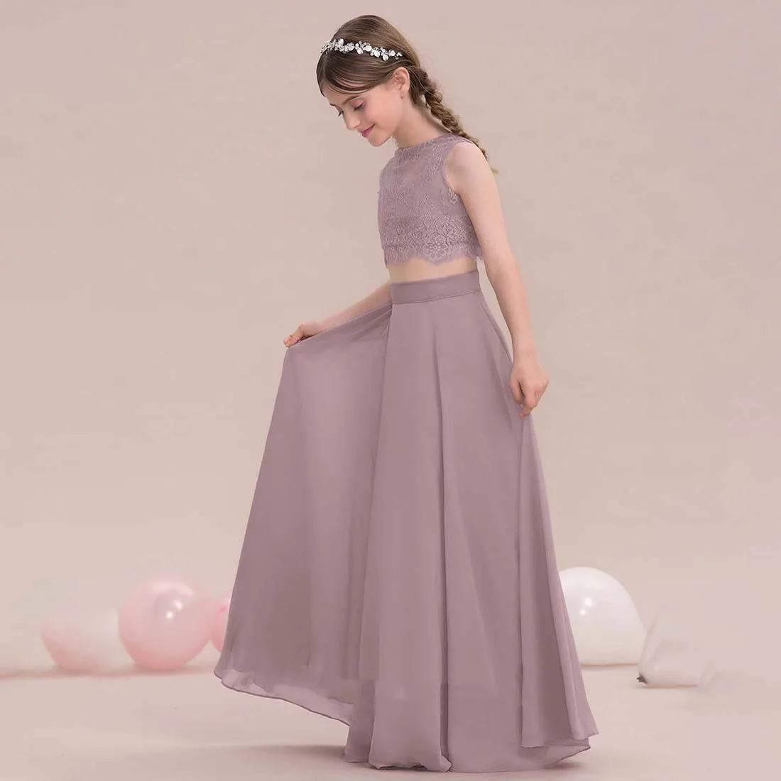 YZYmanualroom Chiffon Lace Junior Bridesmaid Dress Customize A-line Scoop Floor-Length 2-15T