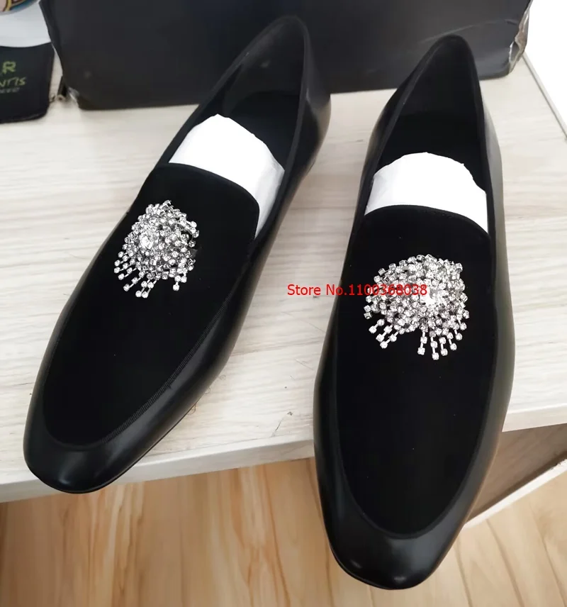 New Arrival Men Rhinestone Loafers Black Leather Shoes Handmade Crystal Tassel Dress Shoes Men Party And Wedding Shoes