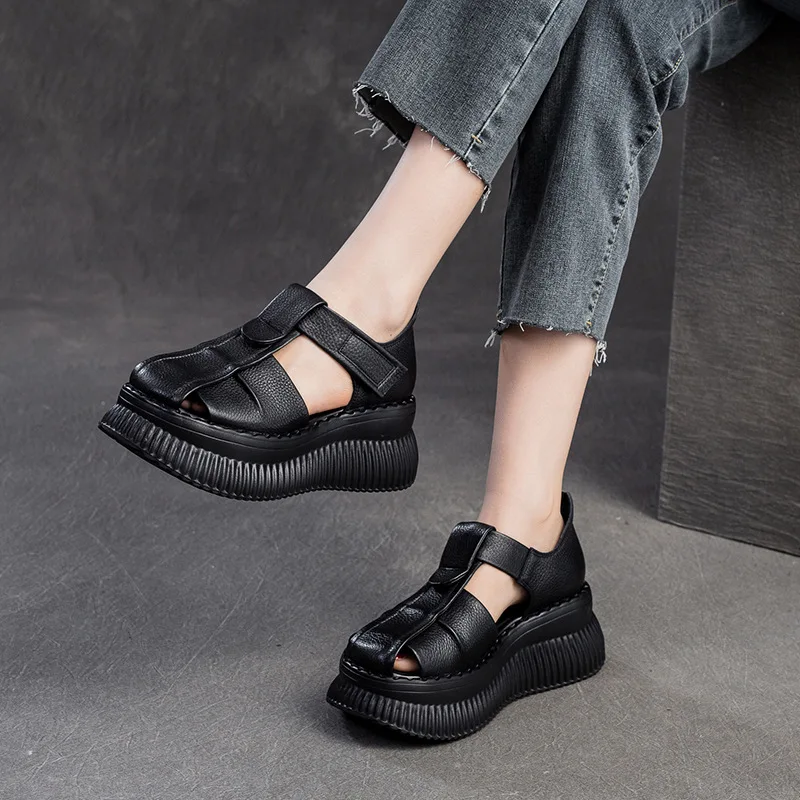 2024 New Fashion Retro Summer Shoes Women Wedges Sandals Handmade Genuine Leather Hollow Platform Casual Sandals Female Black