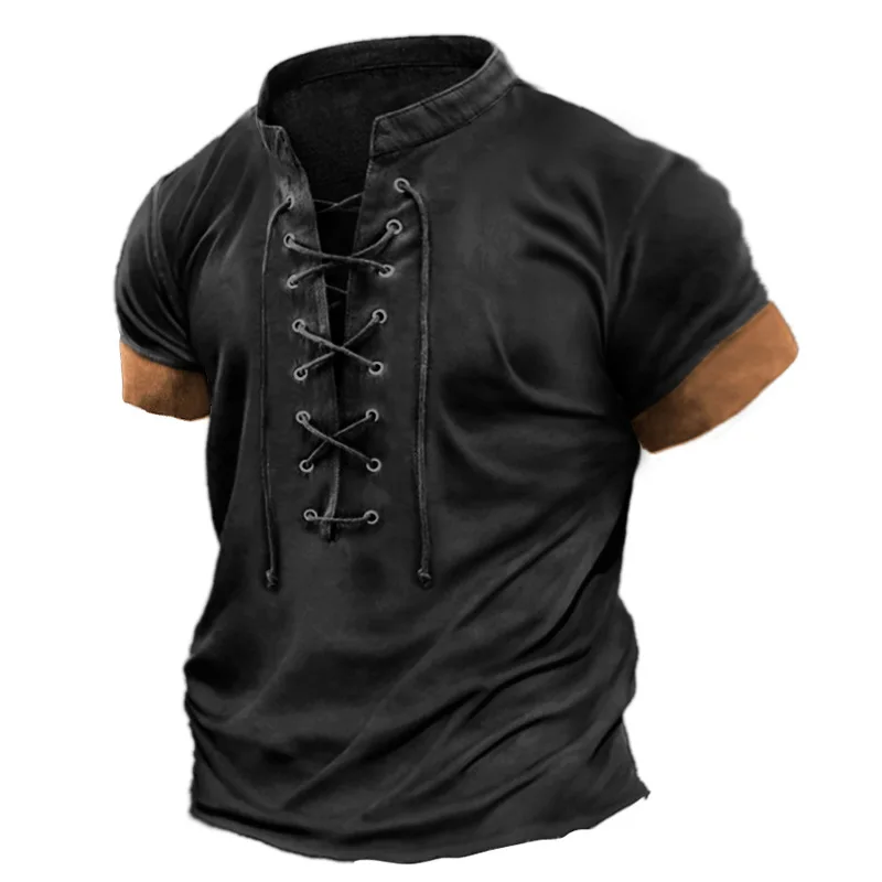 Spring and Summer Men's Retro V-neck Lace-up Casual Color Matching Short-sleeved T-shirt for Men