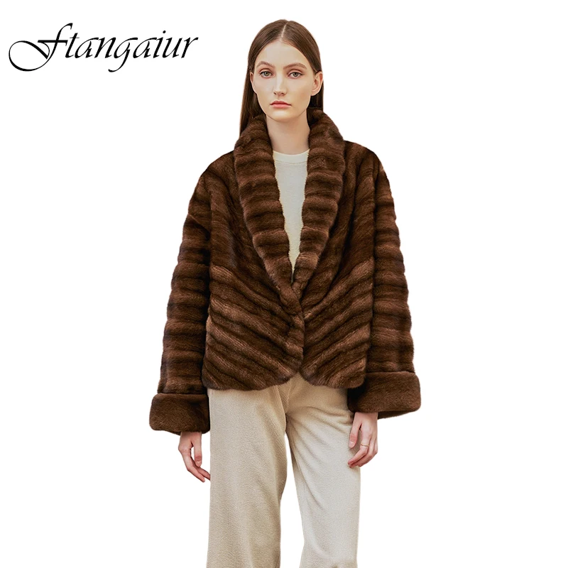 

Ftangaiur Winter Import Swan Velvet Mink Fur Coat Pearl Color Turn-Down Collar Mink Coat Women Short Natural Real Mink Fur Coats