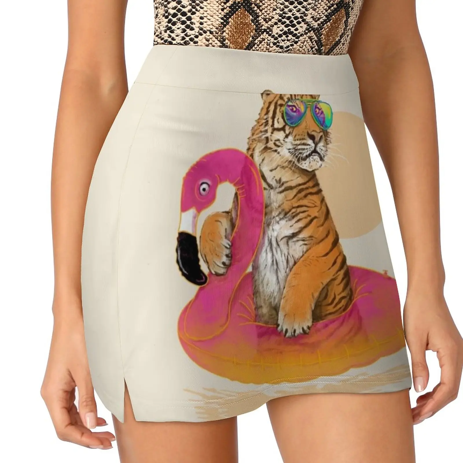 Chillin , Flamingo Tiger Women's skirt Mini Skirts A Line Skirt With Hide Pocket Tiger Flamingo Cat Summer Sun Chill Chilling