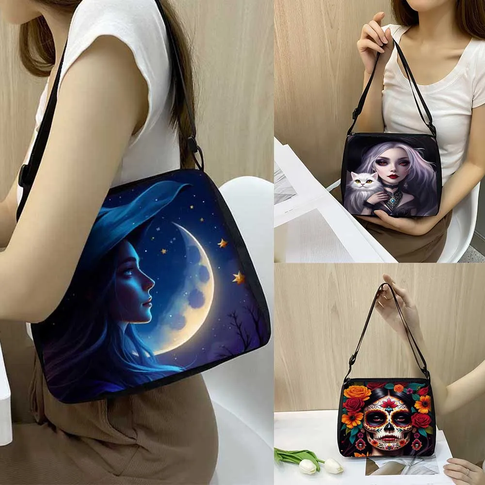 Fantasy Witch Black Cat Shoulder Bag Gothic Angel Death Skull Women Handbags for Travel Phone Purse Holder Harajuku Shopper Bags