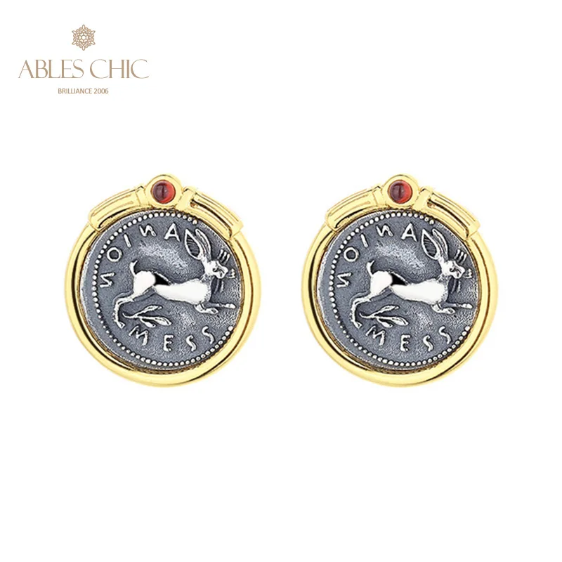 Ables Chic Sicilian Rabbit Greek Coins Solid 925 Silver Roman Coin Natural Garnet Stud Earrings E1002